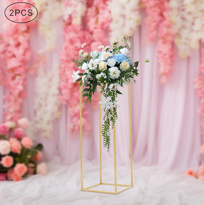 2PC 31.5" Flower Stand for Wedding Metal Cylinder Stands for Party Rectangular Gold Centerpieces Flower Vase Gold Pedestal Columns for Weddings Indoor Outdoor Flower Plant Stand Decoration