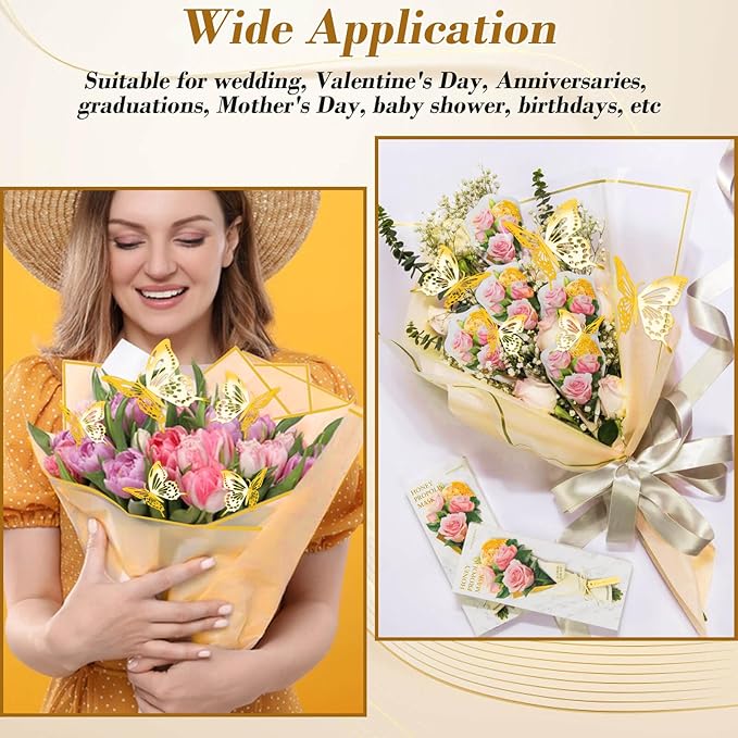 cridoz 20 Sheets Flower Bouquet Wrapping Paper with 12 Pieces Gold Butterfly Decorations for Flower Bouquets, Gift Wrapping(Champagne)