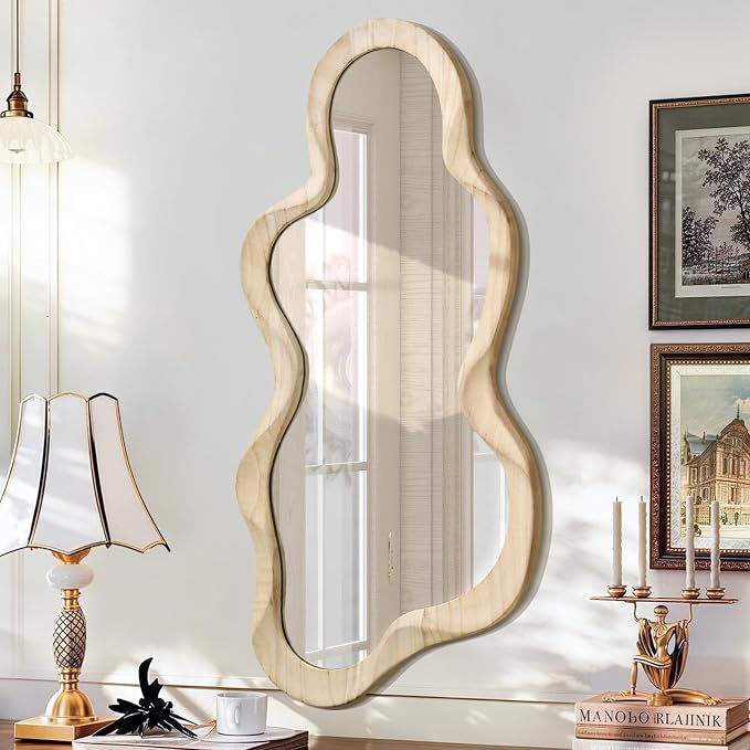 Asymmetrical Mirror for Wall Decor Large Modern Wooden Framed Wall Mirror Unique Shape Wall Mounted Vanity Artistic Wavy Mirror Decorative for Living Room Bedroom Bathroom Entryway Natural