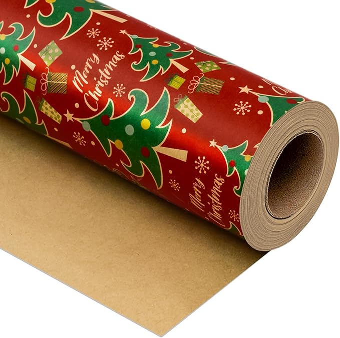 Yarcony Red Christmas Wrapping Paper, Thick Kraft Wrapping Paper, Vintage Traditional Red and Green Christmas Tree Pattern Brown Holiday Gift Wrap for Present Packaging (Mini Roll, 17 Inch X 33 Feet)