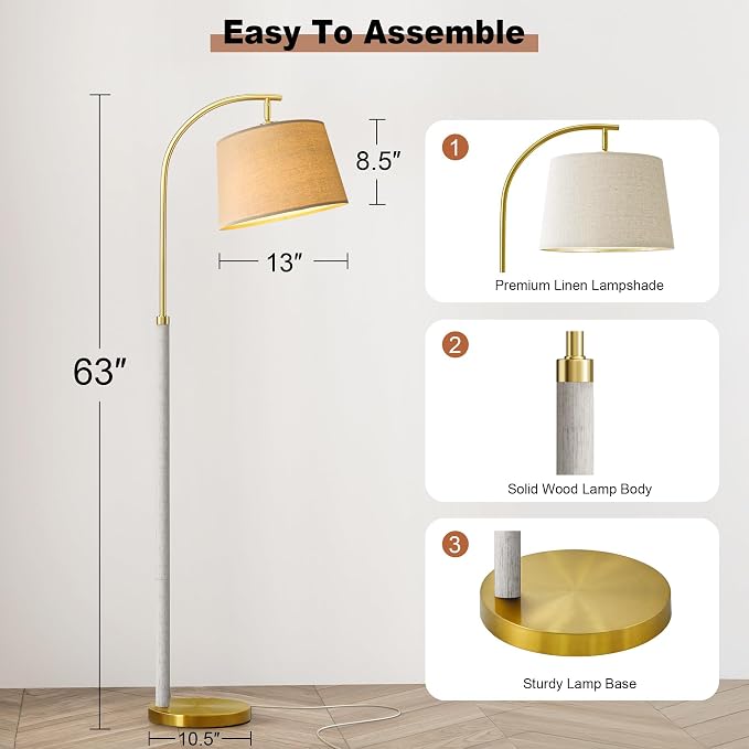 G-SAFAVA 63" Wood Floor Lamps for Living Room with Foot Switch Arc Tall Standing Lamp for Bedroom Mid Century Modern Corner Gold Floor Lamps for Office Nursery Industrial Reading Lamp, White