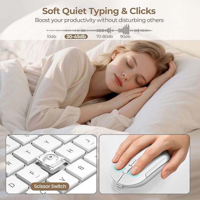 Wireless Keyboard and Mouse - Rechargeable Full Size Flat Keyboard & Mouse Sets with Build-in Lithium Battery, Ultra Thin Quiet Keyboard Mice - Silver and White