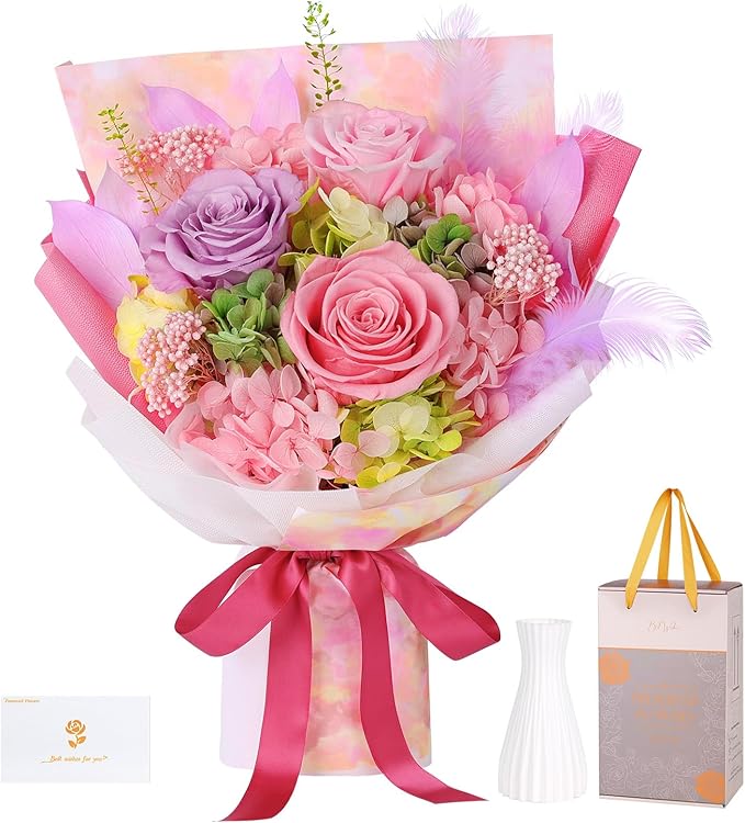 Preserved Flowers Bouquet 3 Roses - Pink Real Rose & Flowers for Delivery, Long-Lasting Flower with Gift Box, Eternal Roses Bouquet for Mothers, Mom, Wife Anniversary Birthday Gifts for Women and Her
