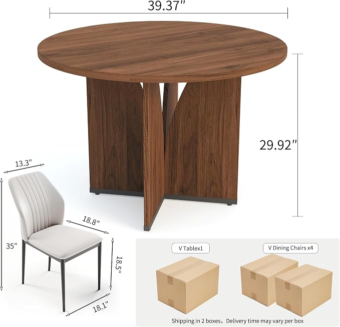 HIPIHOM Modern Round Dining Table Set for 2, 39.4" Walnut Kitchen Table with 2 PU Leather Chairs, 3-Piece Mid-Century Dining Room Set for Small Spaces, Pedestal Base & Ergonomic Padded Chairs