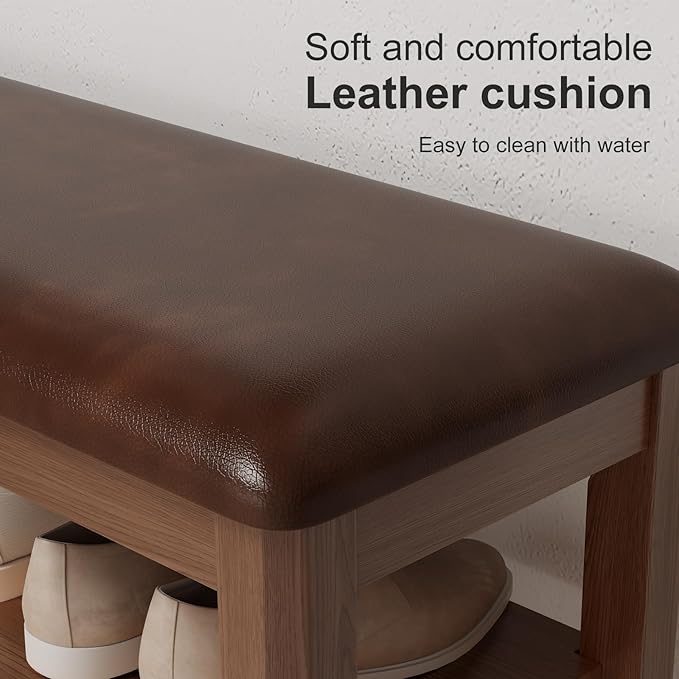 AQIMUELE Shoe Bench with Leather Cushion, 3 Tiers Shoe Storage Bench Height Adjustable, Walnut Wood Entryway Bench for Hallway, Mudroom