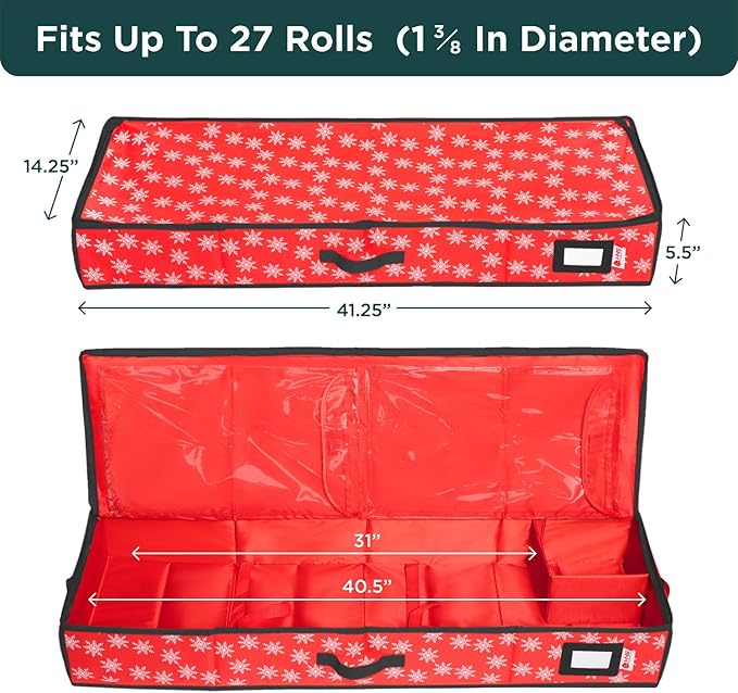 HOLDN' STORAGE Premium Wrapping Paper Storage Container - Durable 600D Tear-Proof, Fits 27 Rolls Gift Wrap, Extra Pockets for Ribbons & Bows, Underbed Storage - Ideal for Holiday Christmas, Red/White Snowflakes