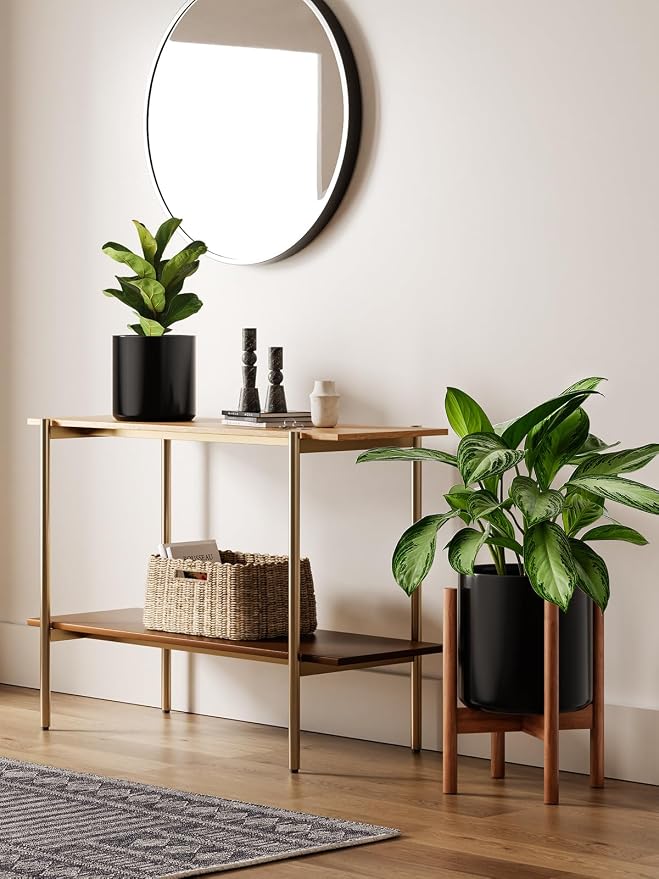 LE TAUCI 10 Inch Planter with Acacia Wood Stand, Ceramic Planter for Indoor Plants with Plant Holder, Mid-Century Modern Home Decor, Round Flower Pots with Drainage Hole, Black
