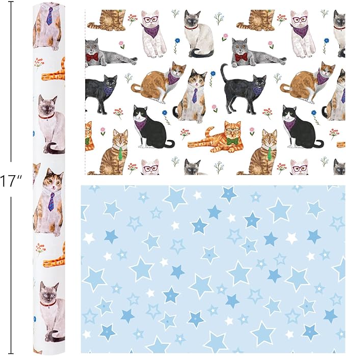 Burymento White Lovely Cat Wrapping Paper, Reversible Blue Star Gift Wrap for Birthday, Valentines, Mothers day, Graduation, Wedding, Fathers day, Baby Shower, Christmas (17in x 16.4ft)