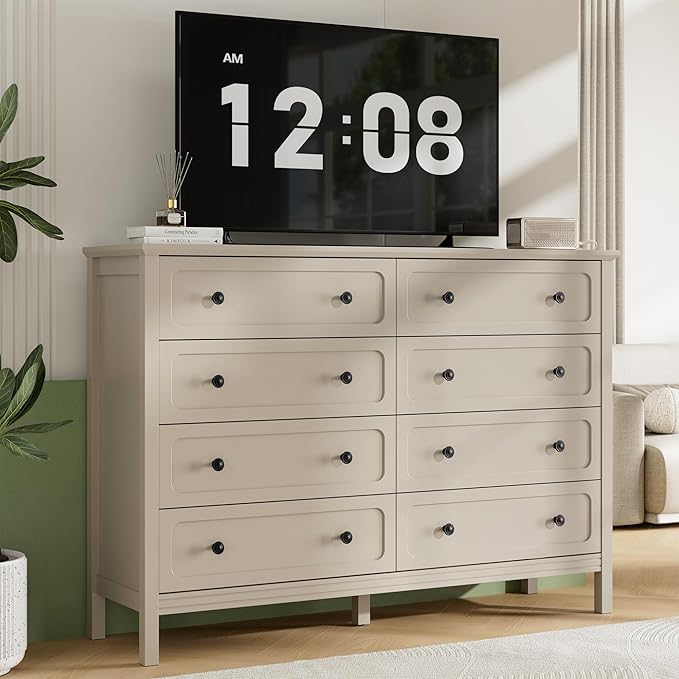 Dresser for Bedroom, 8 Drawer Dresser with Metal Handles, 55" Wide Modern Dressers & Chest of Drawers for Living Room, Hallway, Entryway, Beige