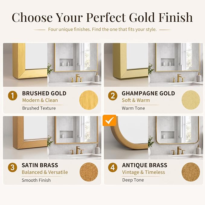 2-Pack 24x30 Inch Antique Gold Bathroom Vanity Mirrors | Flush Mount Deep Set Metal Wall Mirror for Over Sink | HD Shatterproof Glass, Rustproof