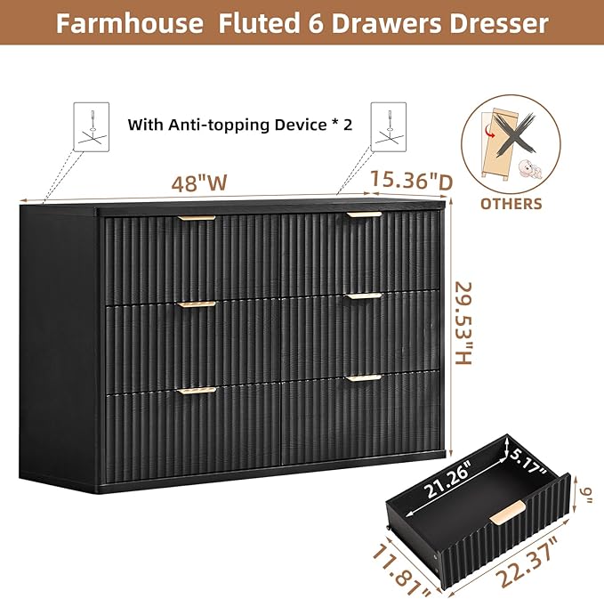 LEYAOYAO Fluted 6 Drawers Dresser Set of 2, 48" Wide Modern Chest of Drawers with Woodgrain Top, Curved Profile Design, Dresser TV Stand, Wooden Drawer Organizer for Bedroom, Living Room,Black