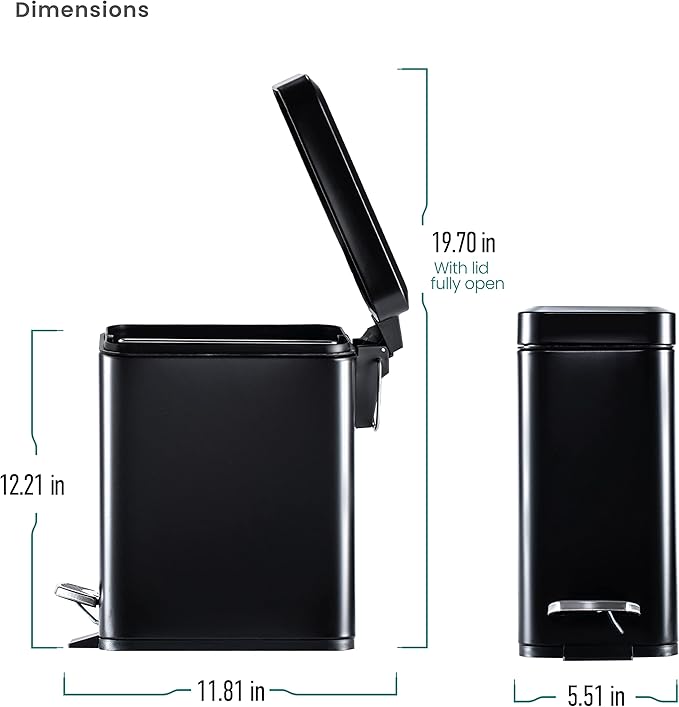 Home Zone Living 1.3 Gallon Small Bathroom Trash Can with Lid and Step Pedal, Stainless Steel Wastebasket with Slim Design for Home and Office, Matte Black, 5 Liters
