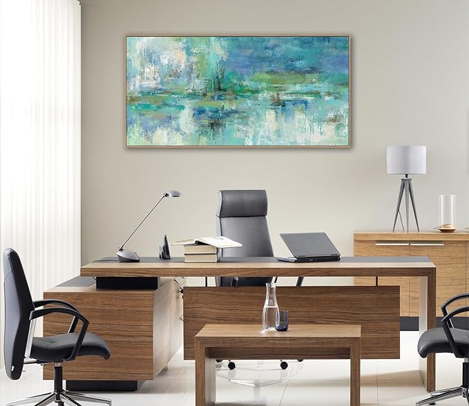 VEAEE Framed Abstract Wall Art - Teal Turquoise Green Colorful Modern Canvas Pictures, Living Room Wall Decor, Contemporary Landscape Painting Prints for Bedroom Bathroom Office Decor 24" x 48"