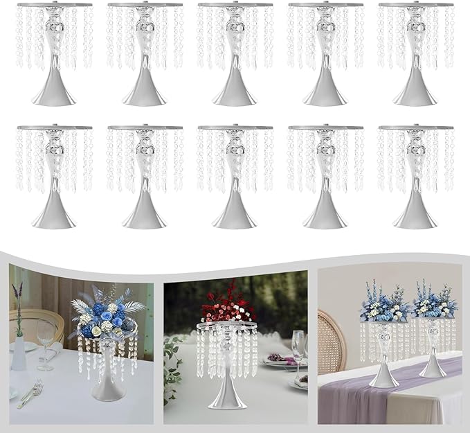 Flower Stand Vase, 10 Pcs Glam Crystal Wedding Reception Decorations with Sparkling Beads Table Center Display Flower Arrangement Flower Stand Metal Vase for Event Party Decor (Silver, H:10.23in)