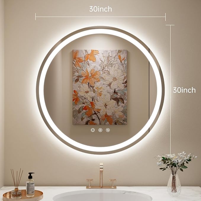 LOVESPEJO 30" Round LED Mirror for Bathroom, Circle LED Bathroom Vanity Mirror with Lights, Anti-Fog, Dimmable, 3 Colors, Shatterproof
