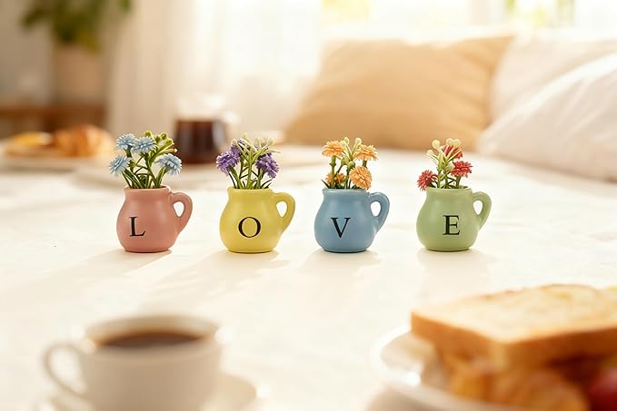 Vase Magnets for Refrigerator, Set of 4 Love Mini Ceramic Vases with Faux Flowers, Gift for Valentine's Day, Anniversary, Mother's Day, Housewarming for Her/Him/Mom