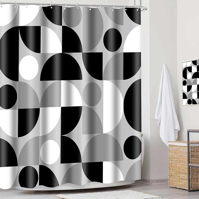 Black White and Grey Mid Century Modern Shower Curtain Boho Abstract Geometric Art Shower Curtains for Bathroom Decor 72x72 Inch Colorful Unique Pattern Washable Fabric Bathroom Set with 12 Hooks
