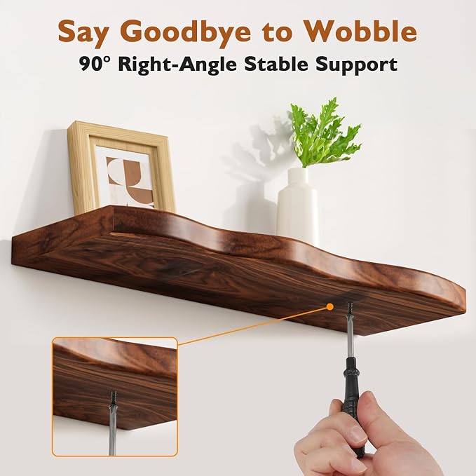 Floating Shelves for Wall 24 Inch Wooden Floating Shelves Live Edge Shelf with Unique Natural Grain Wall Mounted Rustic Pine Wood Shelf for Living Room Bedroom Kitchen Bathroom (Walnut Brown)