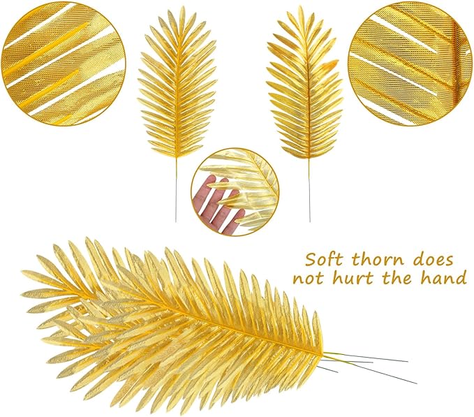 CCINEE 16 PCS Artificial Palm Leaves, Golden Faux Large Palm Fronds Fake Tropical Plant Simulation Safari Leaves with Stems for Home Hawaiian Luau Party Jungle Beach Theme Party Decoration