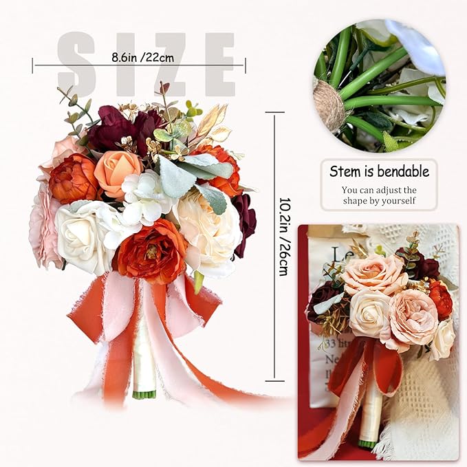8.6 Inch Wedding Bouquets for Bride Bridesmaid, Burnt Orange Burgundy Rose Bridal Bouquet Terracotta Fall Wedding Artificial Silk Flower Boho Rustic Ceremony Anniversary Decor Toss Bouquet