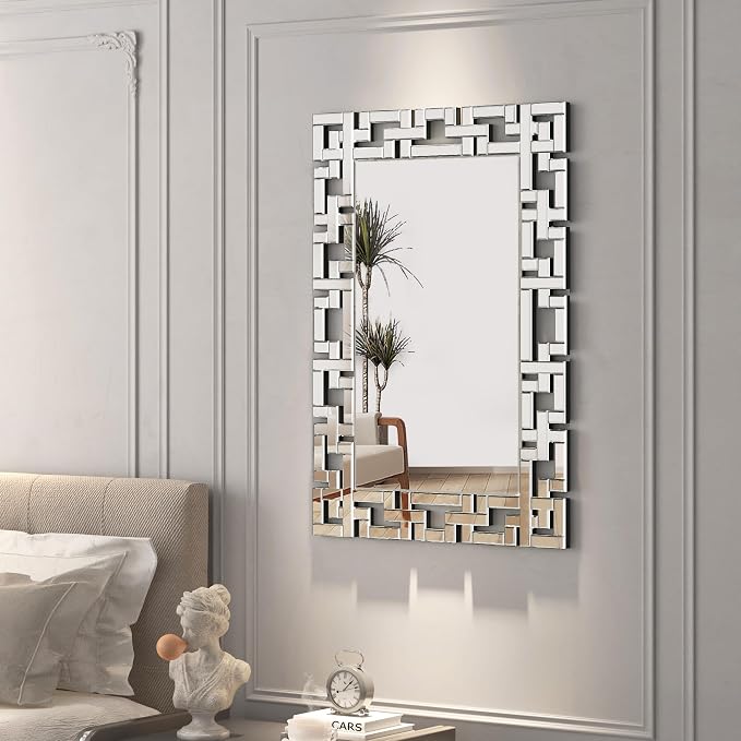 KOHROS Large Decorative Rectangle Mirror for Wall Decor Art Grecian Venetian Mirror (Silver, 36" L x 24" W)