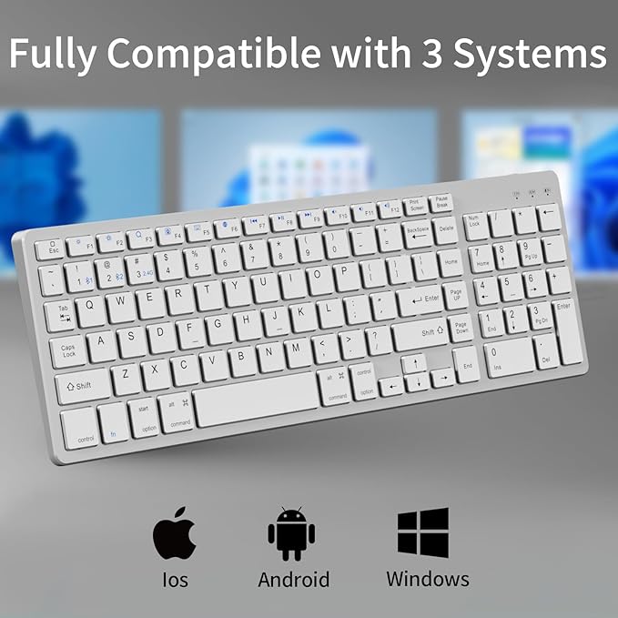 KVTVOU for Ultra-Slim Wireless QWERTY Keyboard, 3-in-1 Connection Modes (Dual Bluetooth+2.4G), Multi-Device Switching, Power-Saving & Anti-Slip, Compatible with PC/Laptop/Tablet/Phone, Sliver