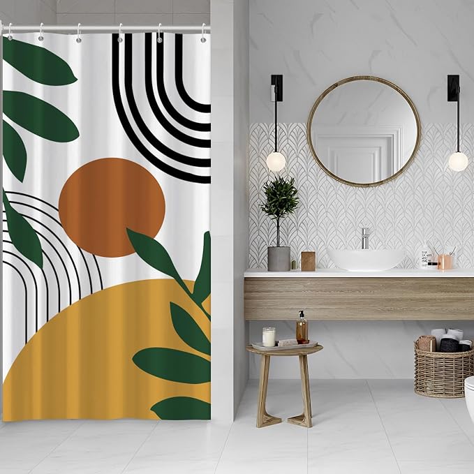 Boho Geometric Shower Curtain White Beige Mid Century Abstract Arch Curve Bathroom Curtain Minimalistic Sun Shower Curtain Sets for Bathroom Extra Long 36x72 in with 6 Hooks
