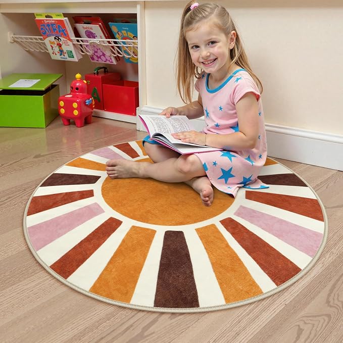 LIVEBOX Boho Nursery Rug Round 4ft Sun Rainbow Rug for Girls Bedroom, Soft Retro Colorful Circular Rugs for Kids Room, Non-Slip Circle Cute Washable Rugs for Living Room Classroom Play Room