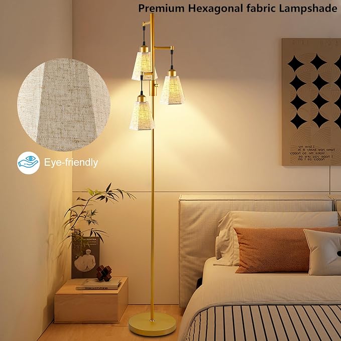 Lightdot 68IN Dimmable Floor Lamp for Living Room, Industrial 3-Light Tree Floor Lamps with LED E26 Bulbs Included, Mid Century Floor Lamp with Fabric Patterned Lampshades for Bedroom HOM Office-Gold
