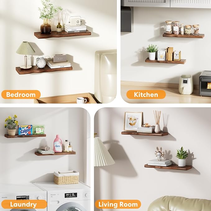 Solid Wood Live Edge Floating Shelves Set of 2 – 24" Rustic Wall Shelf with Hidden Bracket System, Wall Mounted Shelves for Bathroom, Kitchen, Living Room, Bedroom (Glazed Walnut)