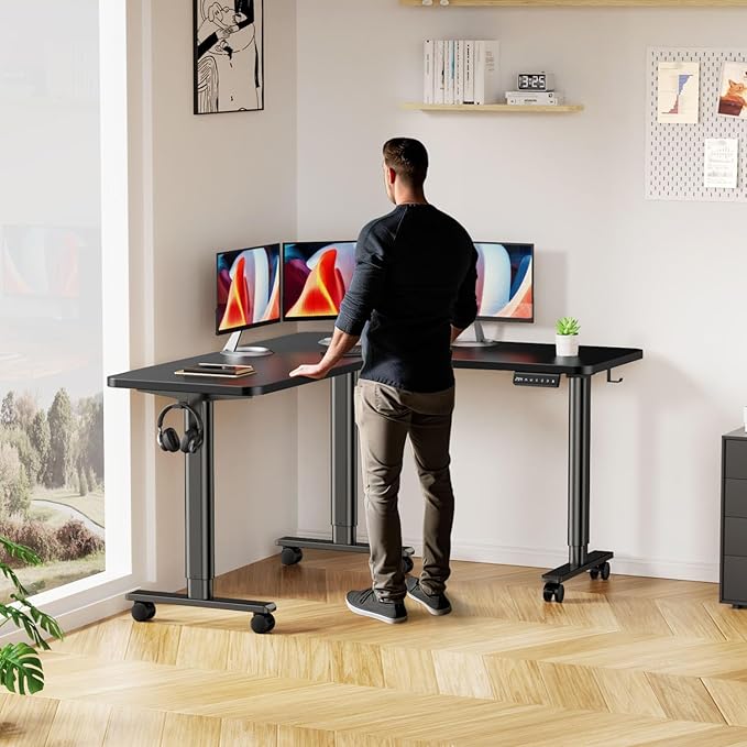 Flycity Electric L Shaped Standing Desk Adjustable Height, 63" x 55" Corner Stand Up Desk, Dual Motor Sit Stand Desk Computer Desk, Home Office Desk with 3 Memory Preset & Child Lock, Black