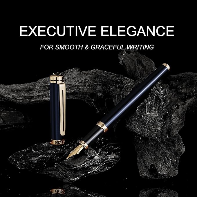 HDDNB Blue Luxury Fountain Pen Set for Men and Women with Gift Box, 24K Gold Finish and Gilded Nib(Extra Fine) with 5 Black Ink Cartridges and Converter