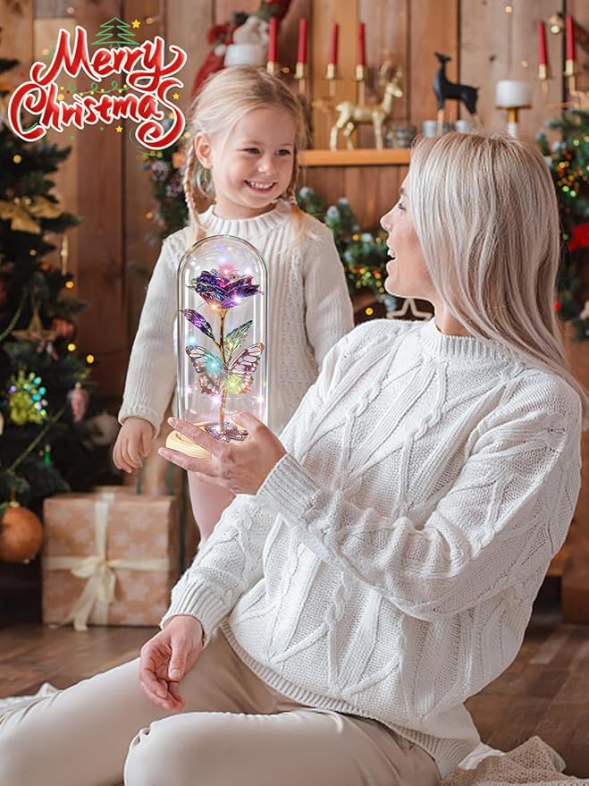 Beferr Christmas Birthday Gifts for Women, Mom Gifts for Christmas Galaxy Glass Rose Forever Preserved Flowers for Delivery Prime Rose in Glass Dome Xmas Gifts for Grandma Wife Sister Her, Purple