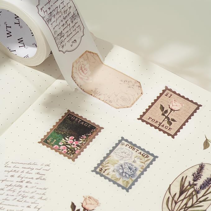 WT Petals & Parchment Washi Sticker Tape Set, 4 Rolls, Original Vintage Floral Designs, Decorative Masking Tape for DIY Crafts, Journaling, Scrapbooking, Planners, and Adhesive Paper Stickers