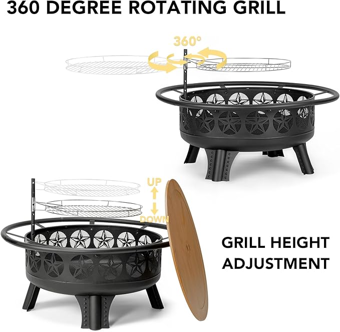 Verdeluxe 38” Wood Burning Fire Pits for Outside,3-in-1 Fire Pit with Grill, Spark Screen & Fire Poker,Outdoor Firepit Table with Swivel Cooking Grate for Yard BBQ Bonfire Patio Camping (38 inch)