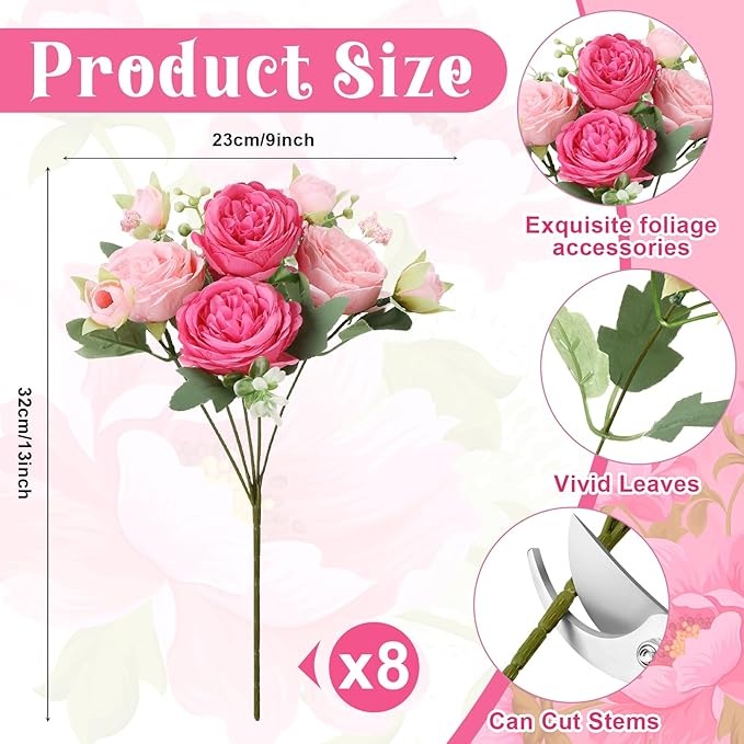 8 Pack Pink, Hot Pink Peonies Artificial Flowers, Fake Silk Hydrangea Bouquet for Bridal Wedding Home Table Decor Reusable Dining Opening Ceremony Birthday Arrangement Faux Floral