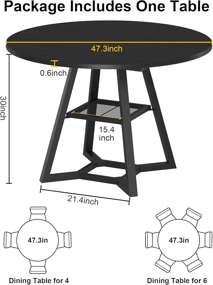 knoworld 47" Round Dining Table for 4, Kitchen Tables Dining Room Circle Dinner Table with Pedestal Metal Frame, Space Saving Wood Industrial Kitchen & Dining Room Tables, Black 47In