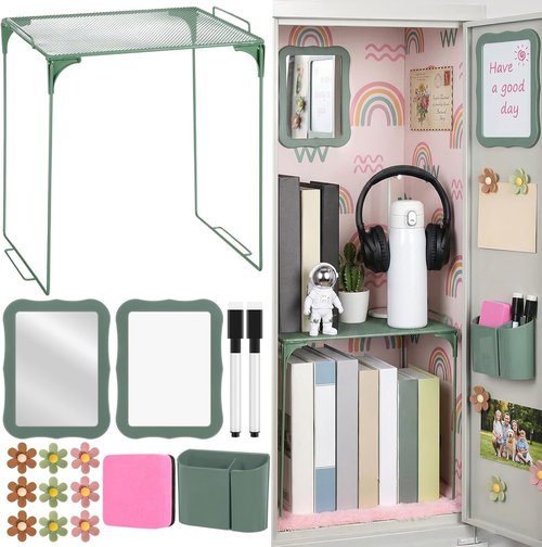 Colarr 16 Pcs Dark Green Locker Accessories Set - Magnetic Whiteboard, Mirror & Flower Decor