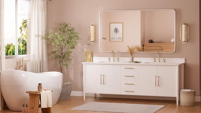 TETOTE 55 x 30 Inch Bathroom Mirror, White Modern Metal Frame Rectangle Modern Farmhouse Wall Mounted Vanity Mirror with Sandy Textured Surface(Horizontal/Vertical)