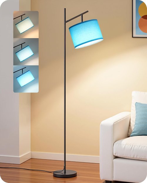 EDISHINE Modern Floor Lamp - 64.7" Minimalist Standing Design with Adjustable Linen Shade & 3 Color Temperatures - Blue