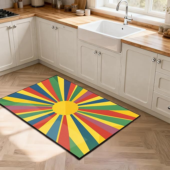 Rainbow Sunburst Area Rug Colorful Geometric Sun Carpet Soft Non-Slip Washable Floor Mat for Entryway Bedroom Living Room Nursery Playroom Classroom Home Decor,3'x5'