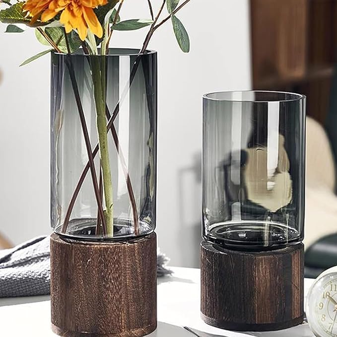 Wooden Vase, Glass Vase with Wooden Base Cylindrical Flower Vase, Classic Boho Rustic Style for Fireplace Bedroom Kitchen Living Room Centerpieces Office Desk, 10" H (Glossy)