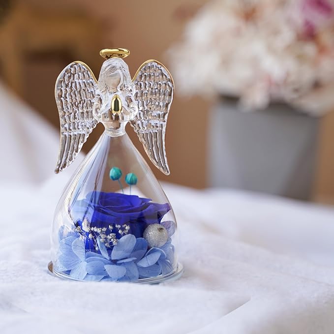 Yamonic Mom Birthday Gifts for Mom, Angel Figurines with Real Rose Gifts for Her Mom Grandma,Preserved Flowers Rose Angel Figurines for Mothers Day Christmas Anniversary Birthday Gifts for Her (Blue)