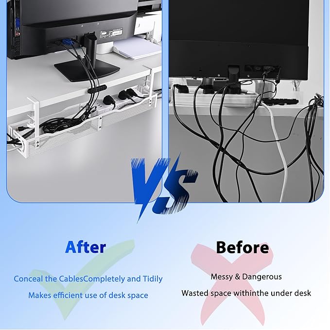 Under Desk Cable Management Box 25.3 Inch – Clamp-Mounted Cable Organizer Tray, Large Cord Management Box for Office & Home, Wire Organizer Under Desk Storage, White