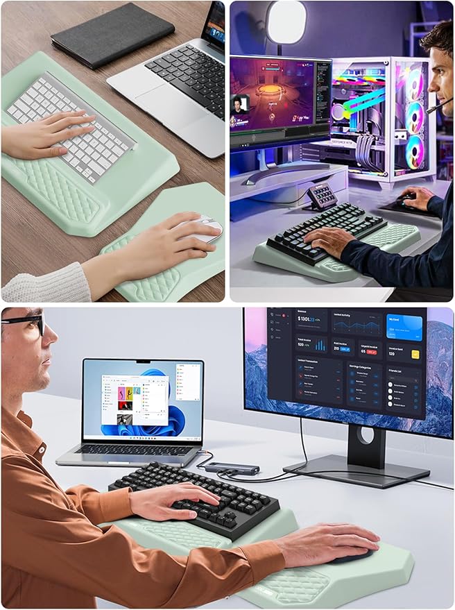 3-in-1 Ergonomic Keyboard Stand with Wrist Rest & Mouse Pad Set, Comfy Keyboard Riser Holder Soft Mousepad with Massage Design, Memory Foam and Non-Slip PU Base for Pain Relief, Light Green