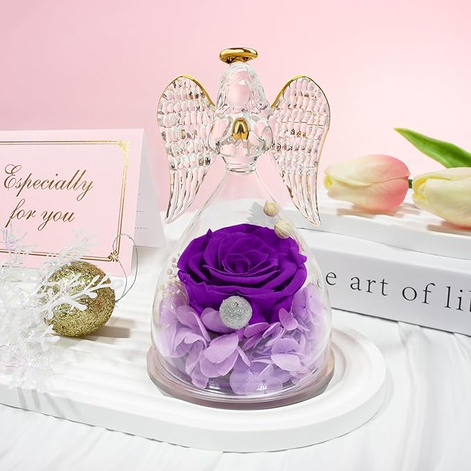 Sunia Preserved Flower Rose Gift for Women - Mother's Day Birthday Gifts for Mom Wife Grandma, Glass Angel Figurines Forever Real Roses Gifts for Her Valentine Day Thanksgiving (Purple)