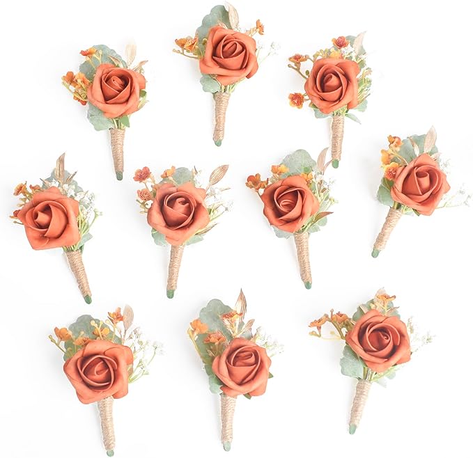 Burnt Orange Boutonnieres for Men Wedding, Set of 10, Groom and Groomsmen Boutonniere for Rustic Fall Vintage Wedding, Prom, Ceremony Formal Dinner Party