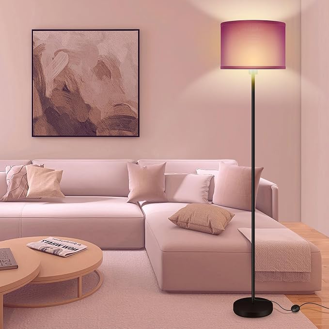AUQUEE Floor Lamp, Standing Lamp, Modern Stand Up Lamps with Purple Lampshade, 59" Tall, Foot Switch, Simple Living Room Decor for Kids Room, Girls Room, Den, Office - Black(NO Bulb,E26 Base)