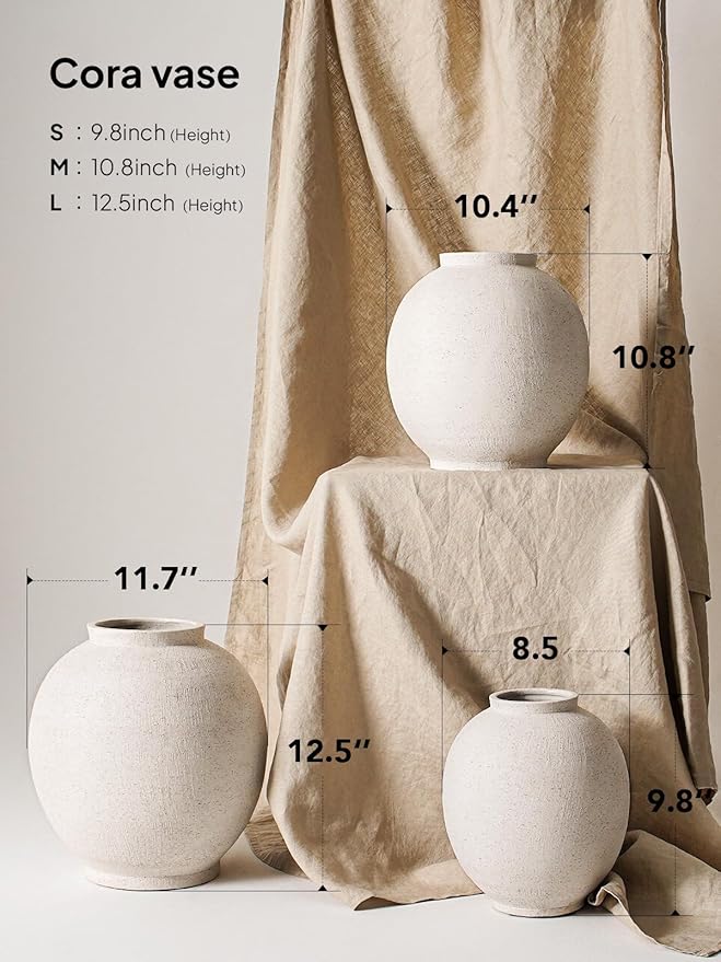 9.8 Inch + 13.6 Inch Ceramic Vase for Centerpieces, Farmhouse Rustic Minimalist Home Decor for Living Room, Enterway, Wedding (Sandstone White)