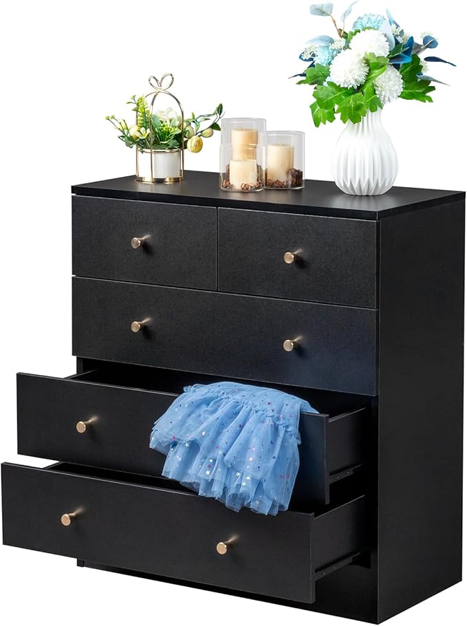 Karl home Black 5 Drawer Dresser for Bedroom, Modern Wood Dresser Chest of Drawers, Bedroom Dressers Clothes Organizer, Anti-Tipping Device, Rose Gold Metal Handle, Living Room, Entryway, Office